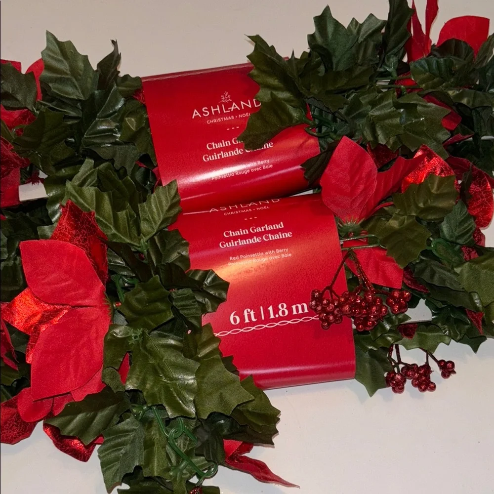 Red and Green Holiday Garland Poinsettia Garland red Berries SET OF 2